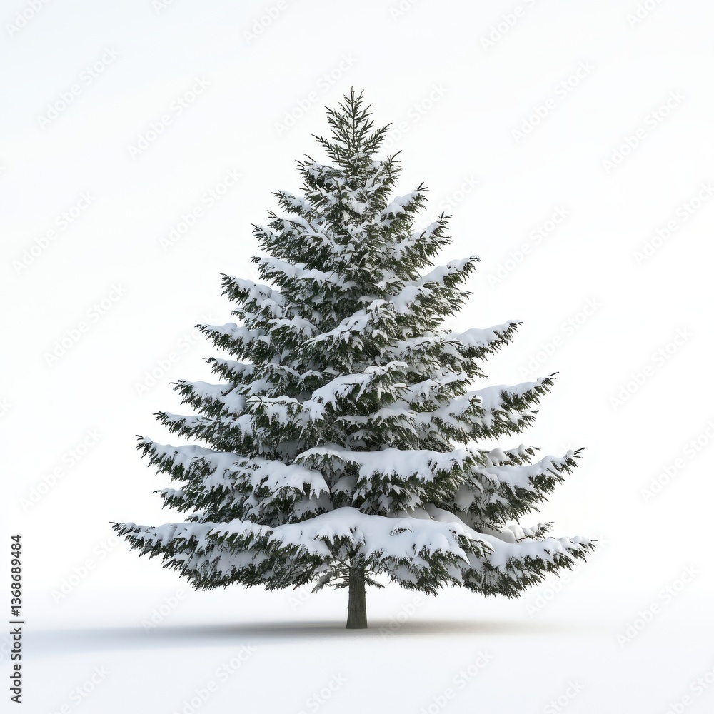 Obraz premium Snow Laden Evergreen Tree Winter Scene Solitary Conifer in a White Snowy Landscape Minimalist Style