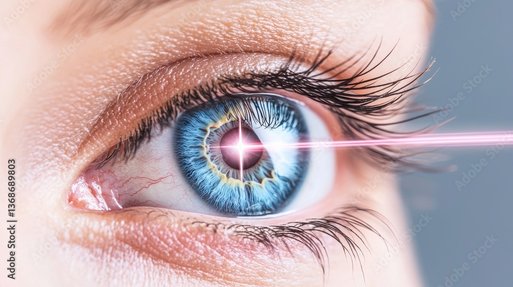 Close up of Blue Eye with Pink Laser Beam, Gray Background Close up of Blue Eye with Pink Laser Beam, Gray Background