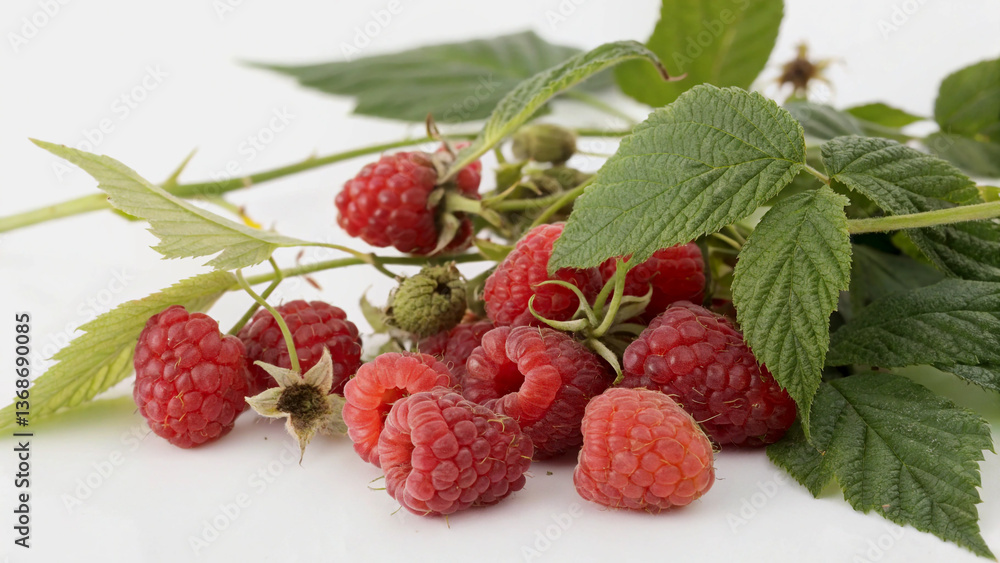 Fresh Raspberries with Green Leaves on a White Surface Fresh Raspberries with Green Leaves on a White Surface