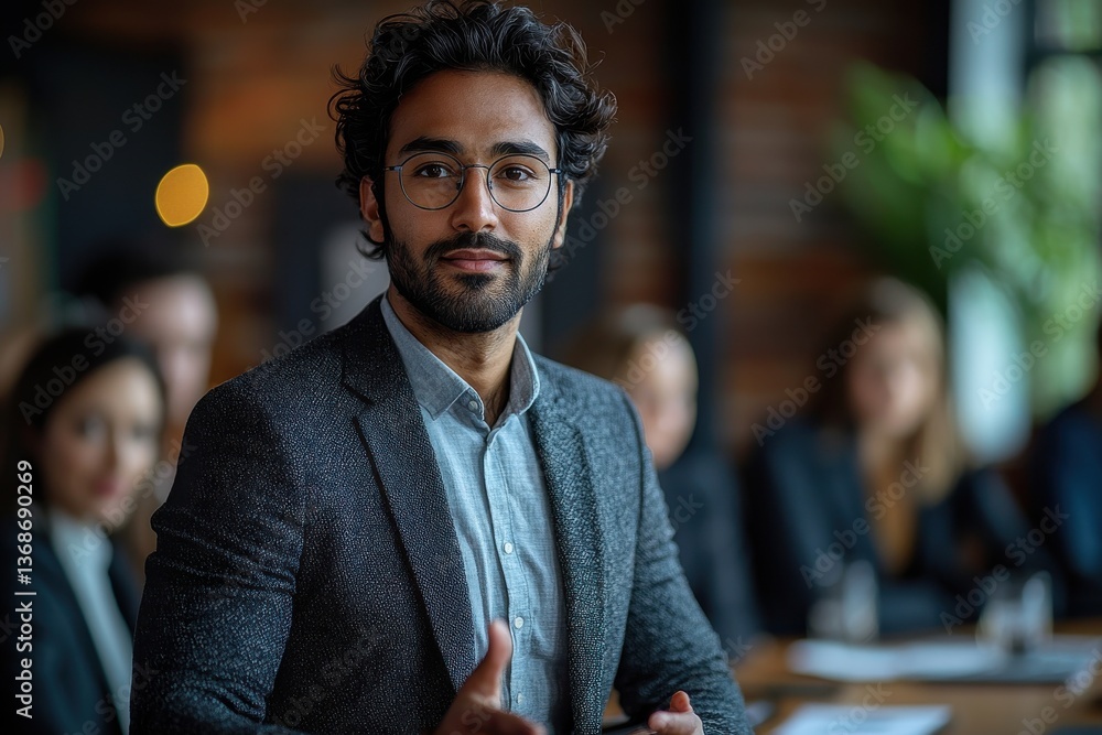 Confident businessman with glasses leading a professional team meeting Confident businessman with glasses leading a professional team meeting