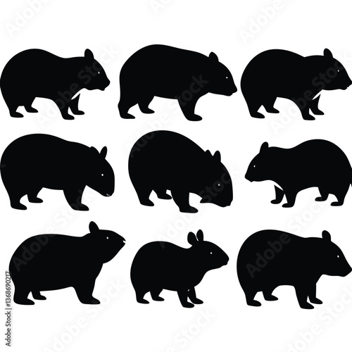 set of wombats, collection of silhouettes of black vector