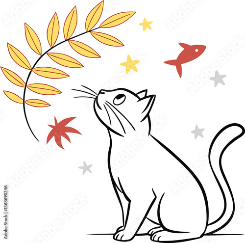 Curious Cat's Whimsical World: A charming illustration of a cat gazing upward, captivated by a playful array of stylized stars, autumn leaves, and a floating fish.