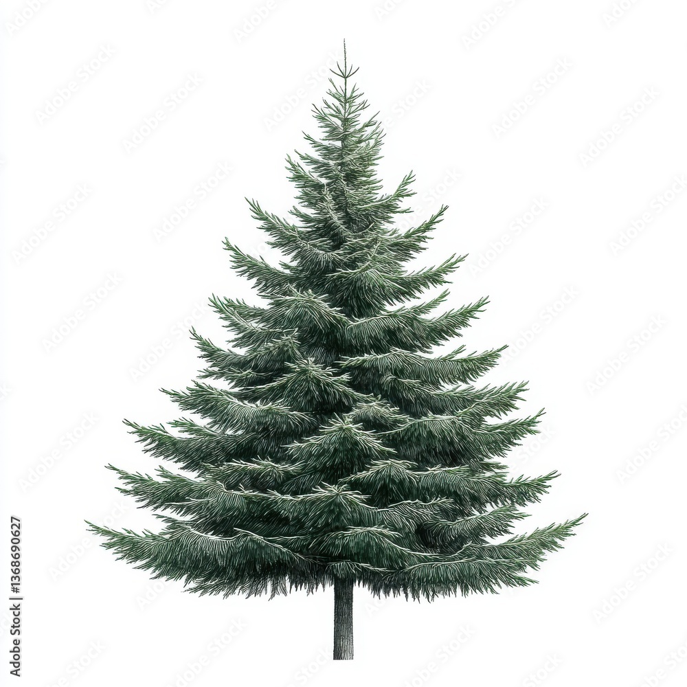 Tall Evergreen Tree Isolated Against a White Background with Classic Conical Shape and Dense Foliage Tall Evergreen Tree Isolated Against a White Background with Classic Conical Shape and Dense Foliage