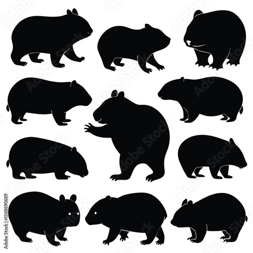 set of wombats, collection of silhouettes of black vector