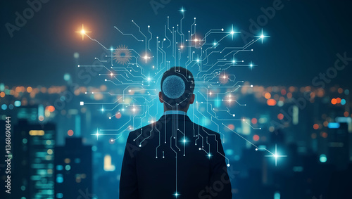 3D Flat Icon: Overhead View of Digital Leadership with Tech Circuits