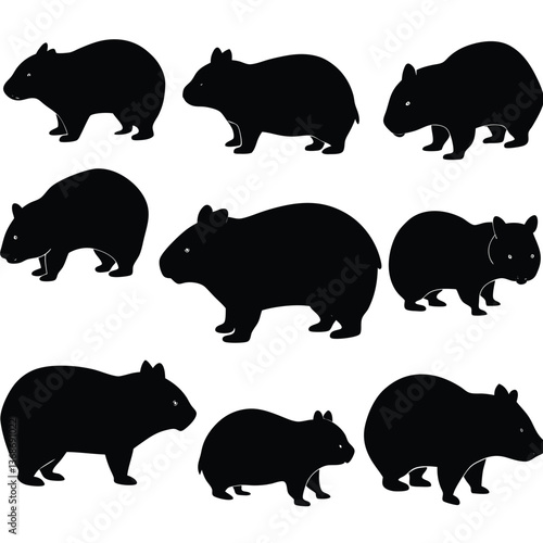 set of wombats, collection of silhouettes of black vector
