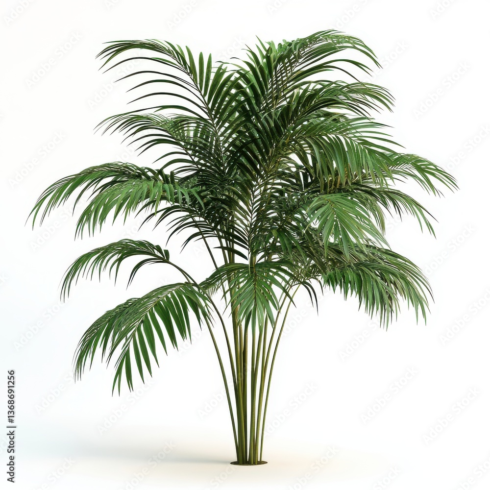 Obraz premium Tropical Green Palm Plant with Pointed Leaves and Slender Stems on a White Background for Home Decor