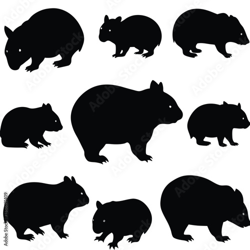 set of wombats, collection of silhouettes of black vector