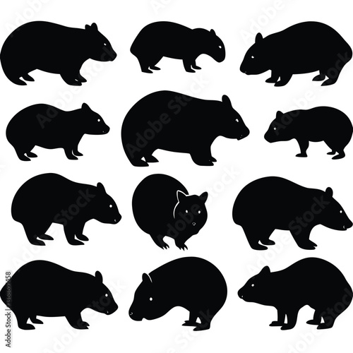 set of wombats, collection of silhouettes of black vector