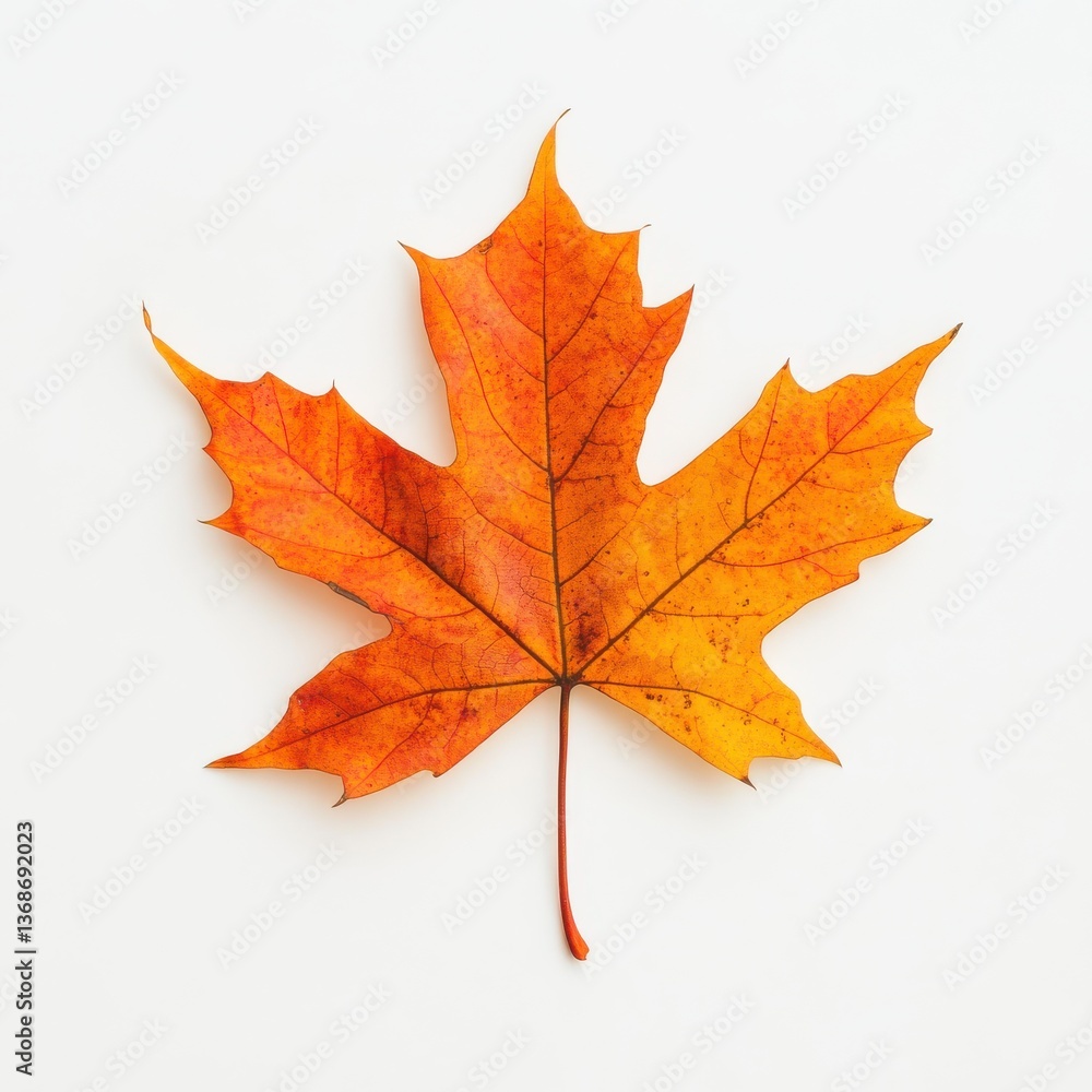 Fototapeta premium Vibrant Maple Leaf Displaying Autumnal Hues and Intricate Veins Against a Plain White Backdrop