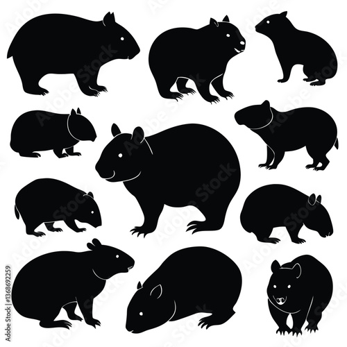 set of wombats, collection of silhouettes of black vector