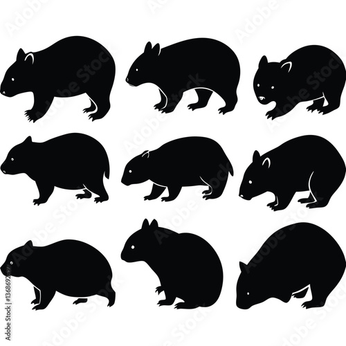 set of wombats, collection of silhouettes of black vector