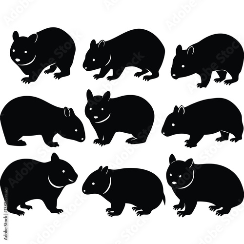 set of wombats, collection of silhouettes of black vector