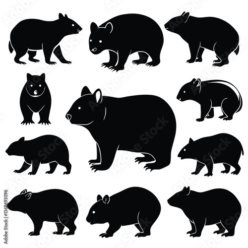 set of wombats, collection of silhouettes of black vector