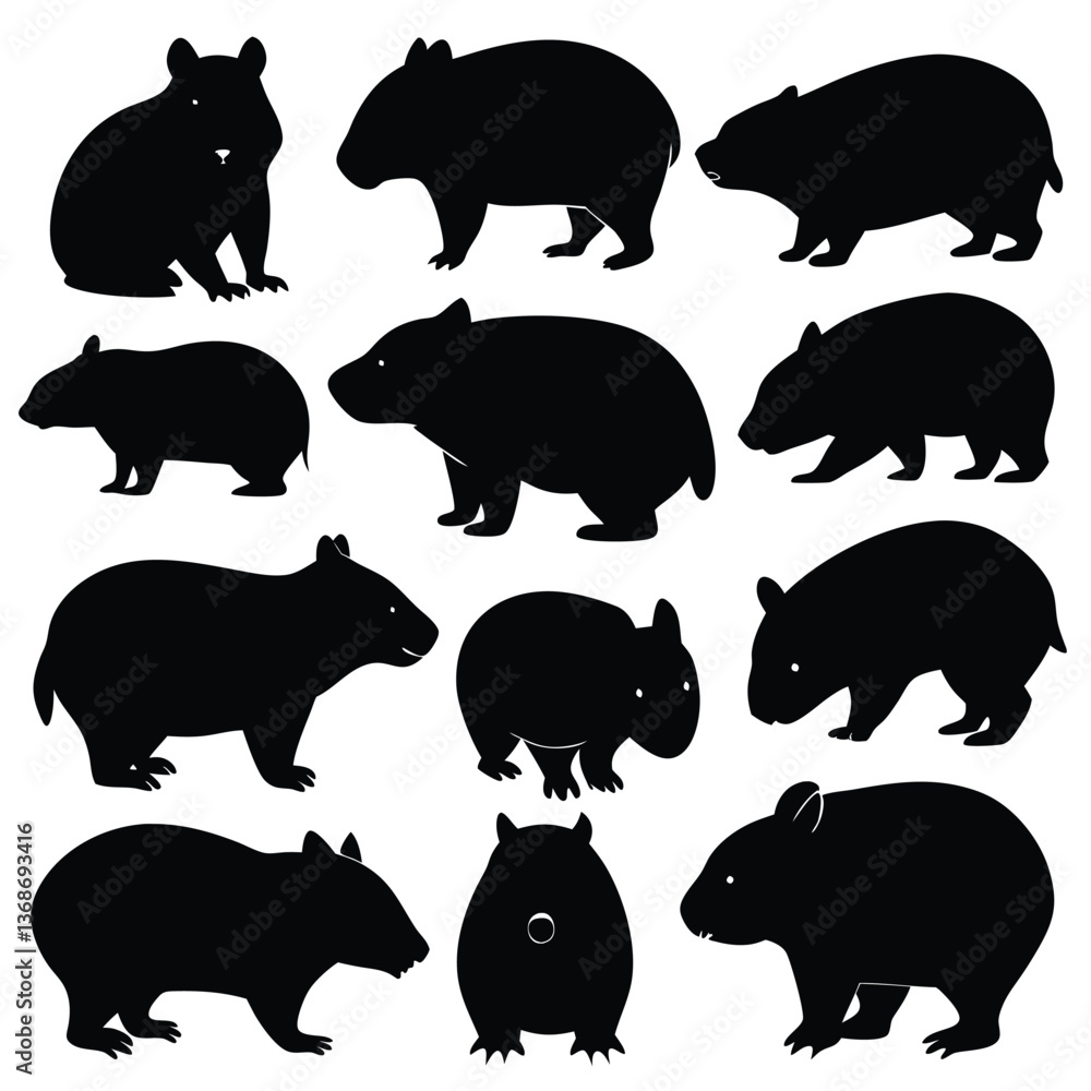 Fototapeta premium set of wombats, collection of silhouettes of black vector