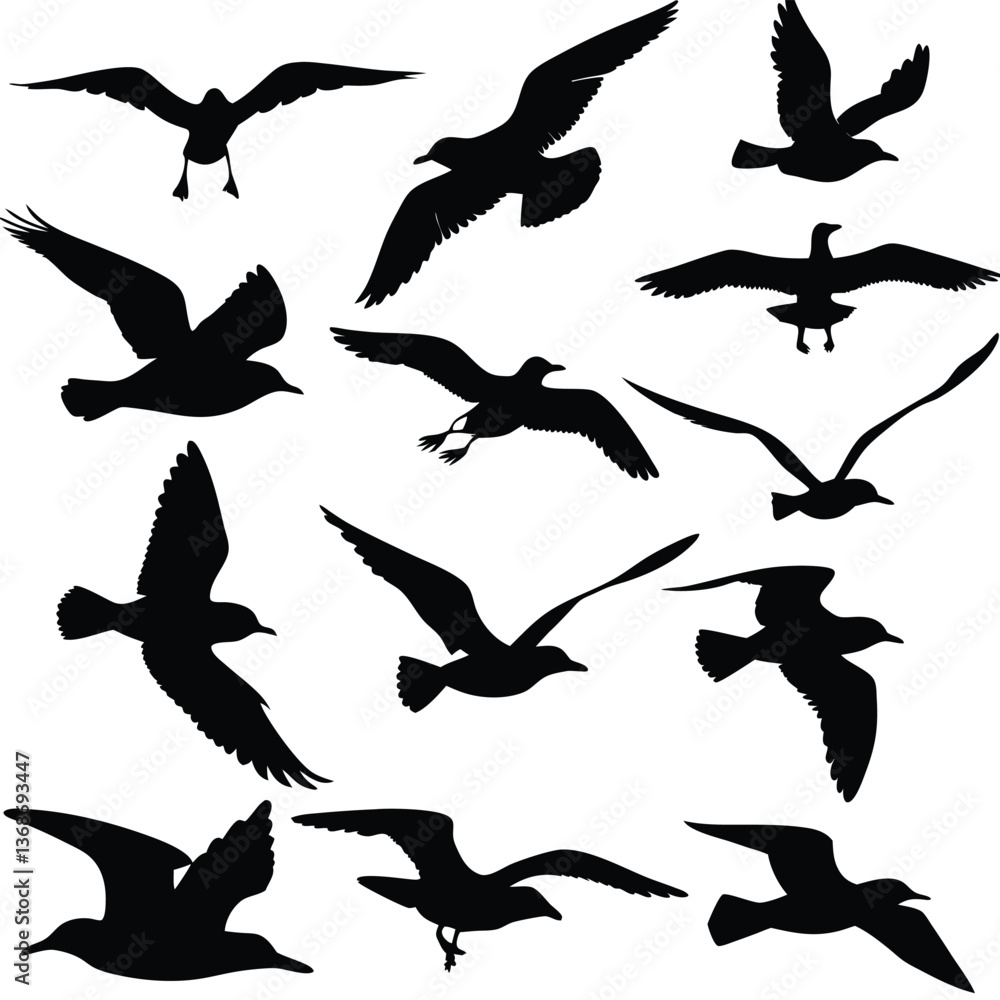 Vector silhouettes set of birds at tree branches and isolated background. Vector silhouettes set of birds at tree branches and isolated background.