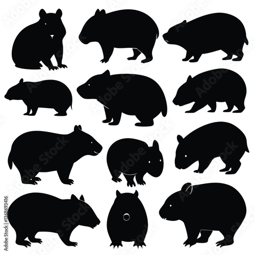 set of wombats, collection of silhouettes of black vector