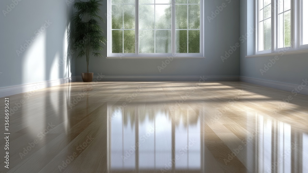 Naklejka premium Empty room with polished wooden floors reflecting natural light