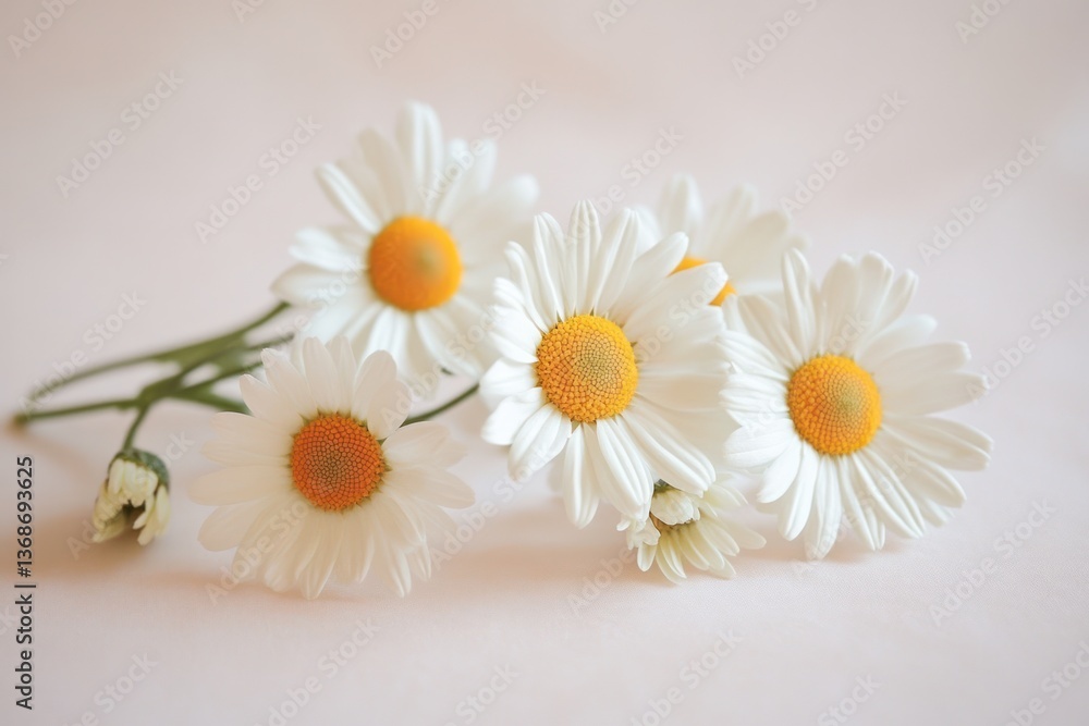Fototapeta premium A minimalist styled photo of white chamomile daisies arranged symmetrically on a pale pink surface, with ample empty space surrounding the flowers, creating a serene and inviting mood