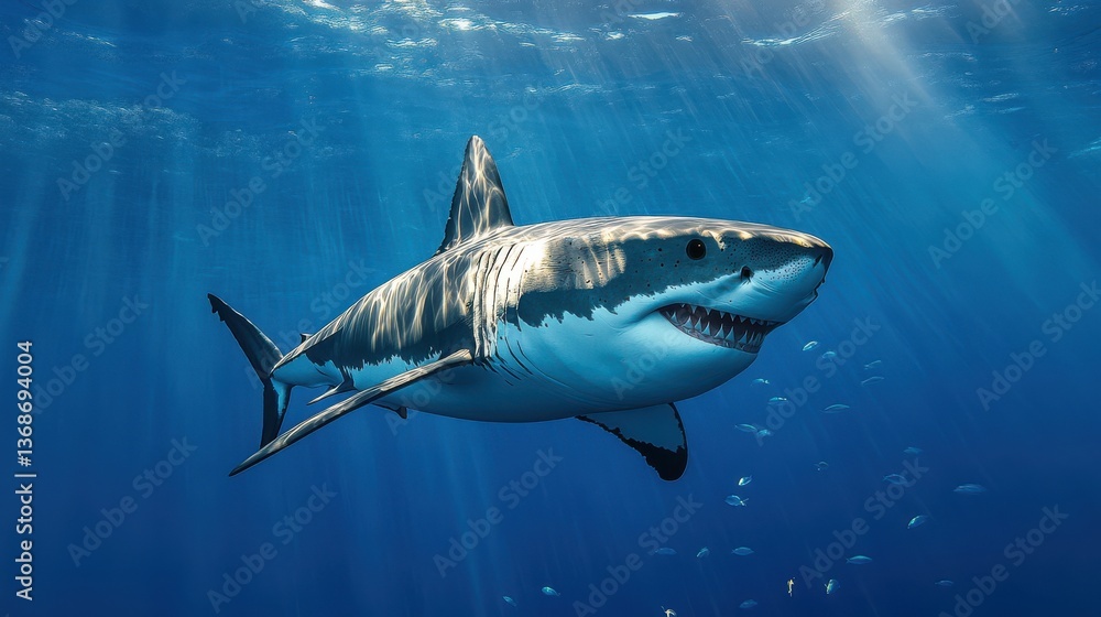 Naklejka premium A majestic great white shark gracefully glides through sunlit ocean depths