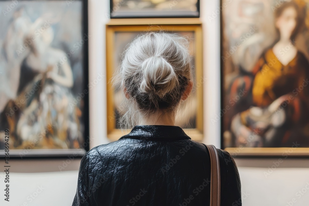 Back view of woman in art gallery, immersed in the beauty of fine art and culture Back view of woman in art gallery, immersed in the beauty of fine art and culture