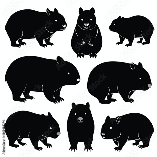 set of wombats, collection of silhouettes of black vector