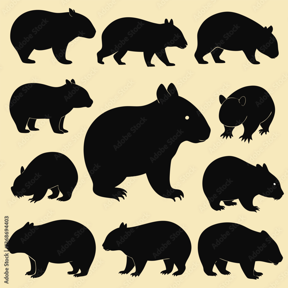 Fototapeta premium set of wombats, collection of silhouettes of black vector
