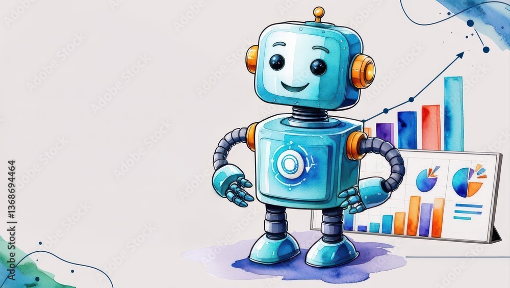 Naklejka premium A cheerful cartoon robot stands beside colorful graphs and charts, symbolizing technology and data analysis in a vibrant, artistic style.