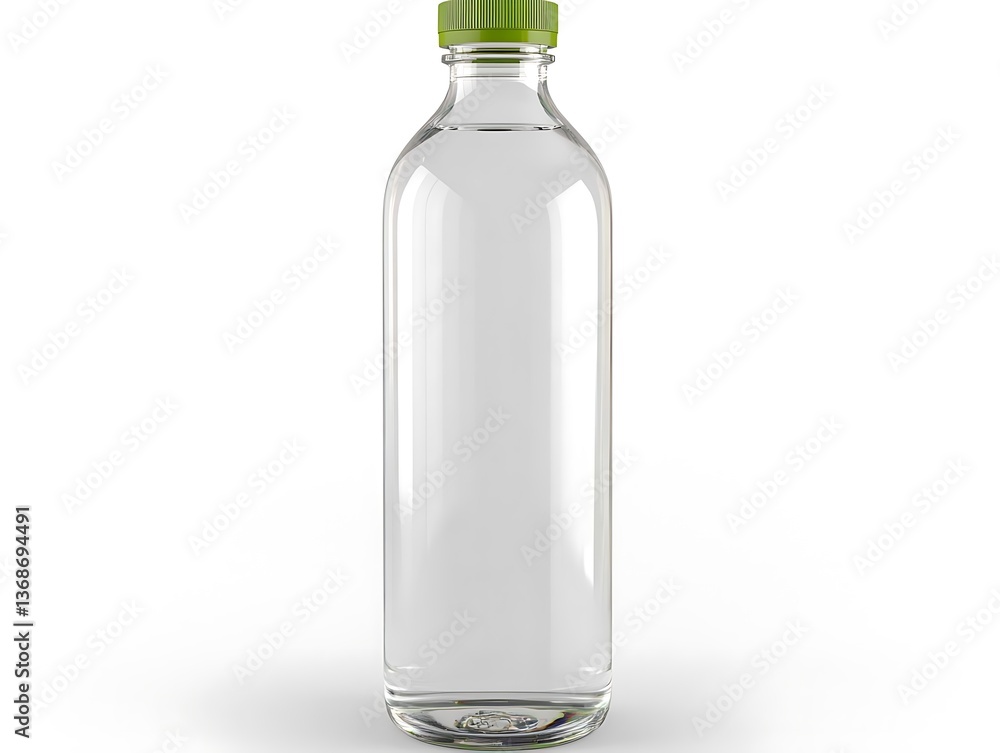 A clear glass bottle of liquid with a green cap A clear glass bottle of liquid with a green cap