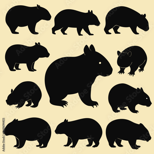set of wombats, collection of silhouettes of black vector
