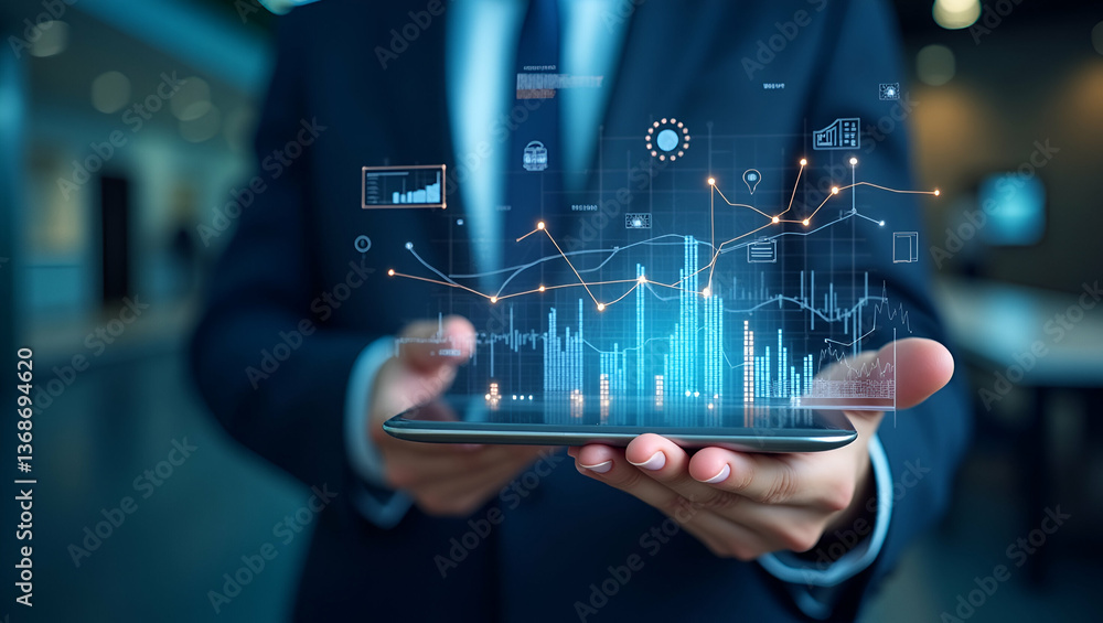 Fototapeta premium 3D Flat Icon: Overhead Business View with Data Analytics & Tech Overlay
