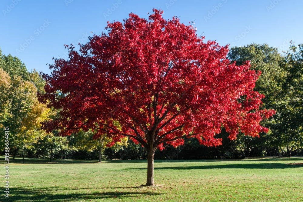 Naklejka premium A picturesque scene of a large red heart-shaped tree with intricate, heart-like leaves in a serene park. The tree stands tall against a clear blue sky, its vibrant red foliage