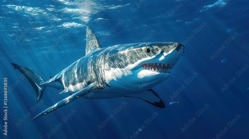 Fototapeta premium Majestic great white shark gracefully gliding through sunlit ocean depths