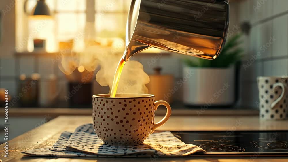 A close-up of steaming coffee being poured into a ceramic mug in a cozy kitchen digital