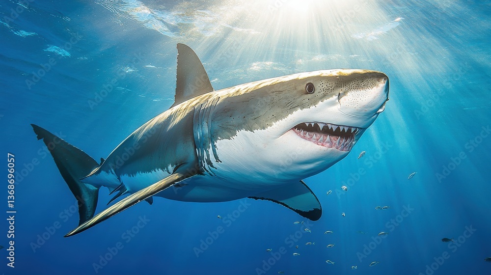 Fototapeta premium Majestic great white shark gracefully gliding through sunlit ocean depths