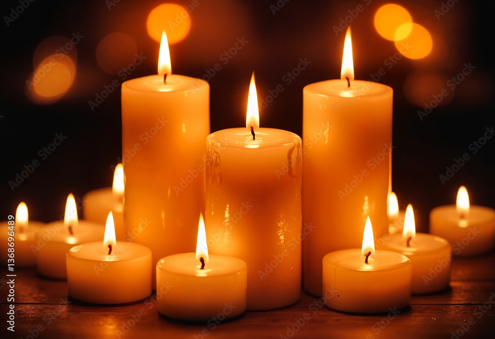 Beautiful arrangement of burning candles creating a warm ambiance for relaxation Beautiful arrangement of burning candles creating a warm ambiance for relaxation