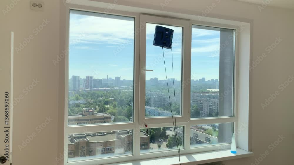 Robot cleaning windows in high rise apartment Robot cleaning windows in high rise apartment