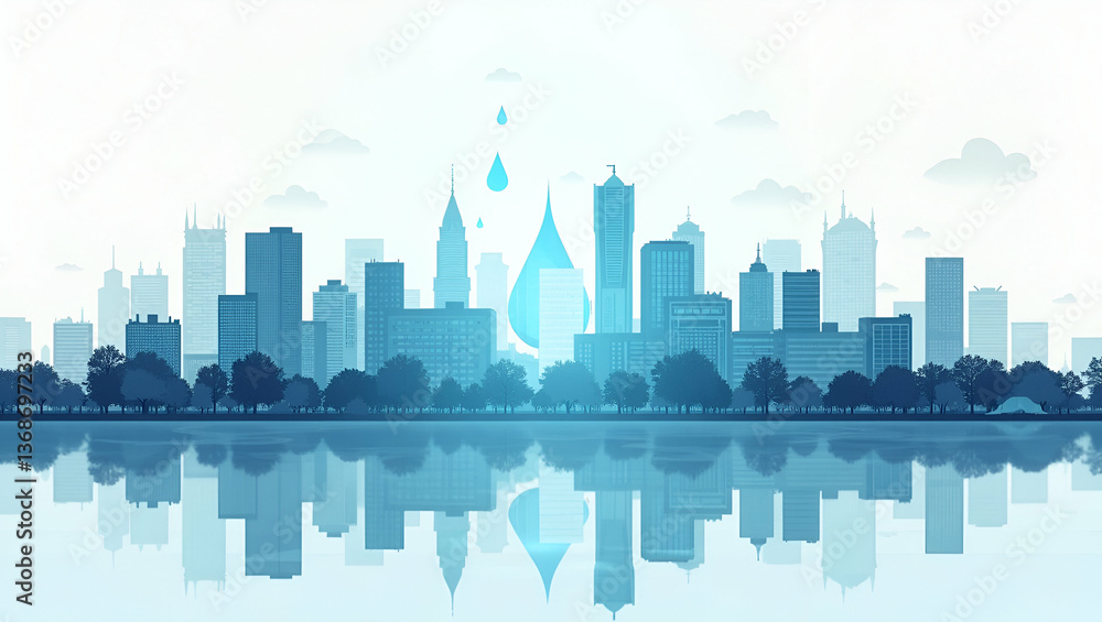 Naklejka premium 3d Flat icon as Top view of a city with water management symbols overlay symbolizing urban water solutions in double exposure with copy space. concept as A top view of a city blended with water manage