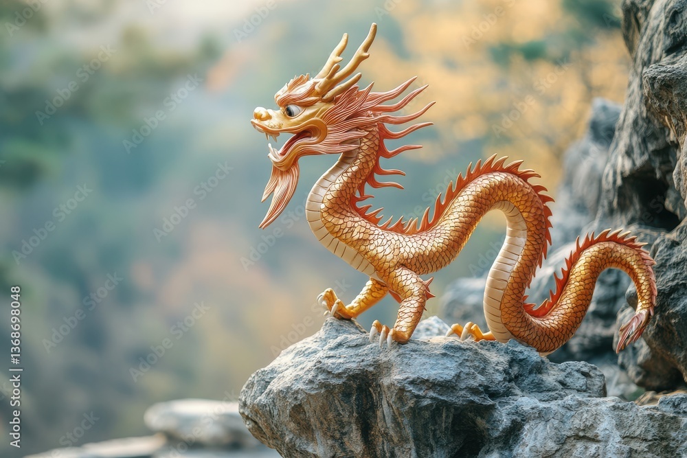 Fototapeta premium Dragon standing proudly on a rock, symbolizing strength and fortune for the Chinese New Year