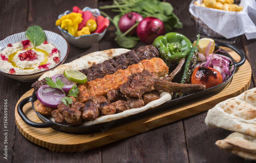Mixed Grill Platter served in tray with meat kebab, chicken kabab, tikka, boti, lamb chops, pita bread, hummus, and salad isolated on wooden table side view of Middle Eastern bbq Mixed Grill Platter served in tray with meat kebab, chicken kabab, tikka, boti, lamb chops, pita bread, hummus, and salad isolated on wooden table side view of Middle Eastern bbq