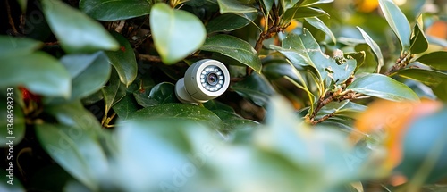 Hidden security camera lens in green foliage.