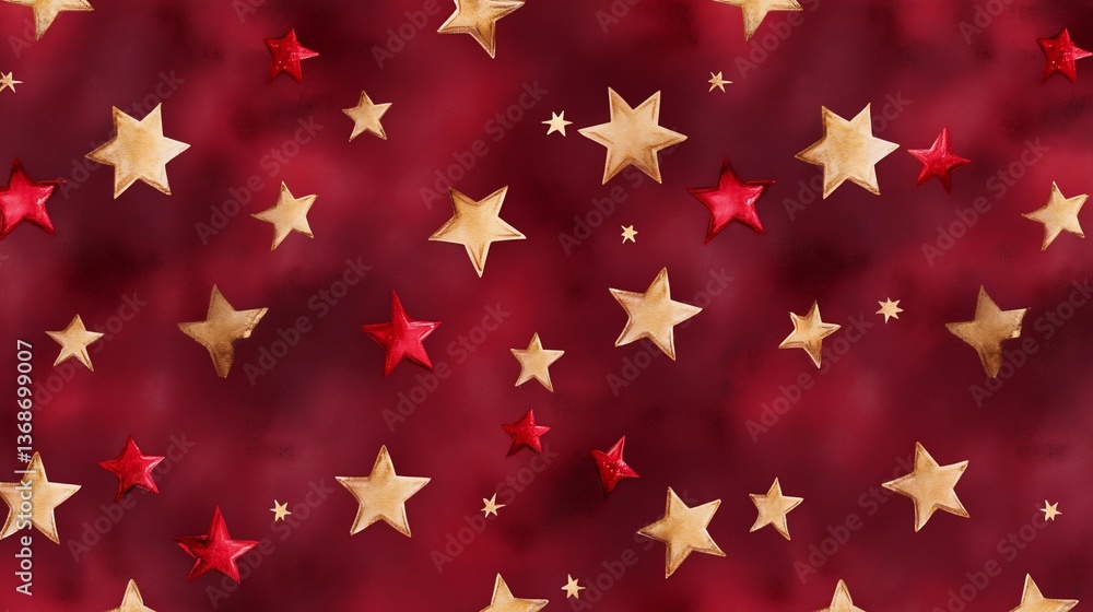 Gold and red stars scattered across a dark red, cloudy background Gold and red stars scattered across a dark red, cloudy background