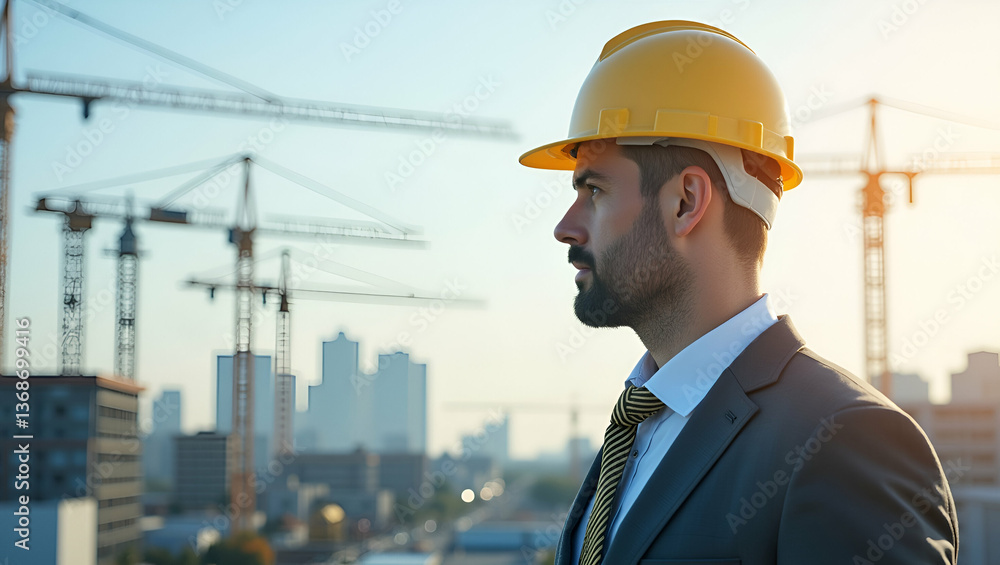 Photo realistic as Engineer double exposure with construction site concept as An engineers profile combined with a construction site symbolizing engineering responsibility and infrastructure developme Photo realistic as Engineer double exposure with construction site concept as An engineers profile combined with a construction site symbolizing engineering responsibility and infrastructure developme
