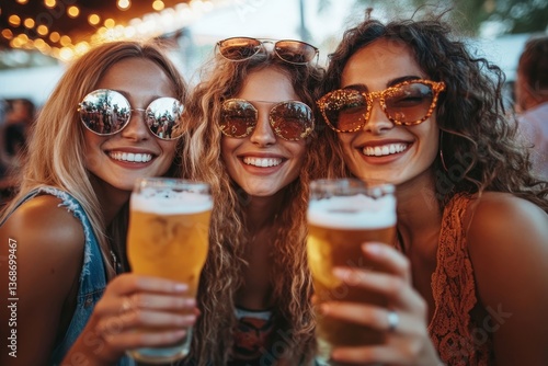 Female friends cheering with beer at music festival