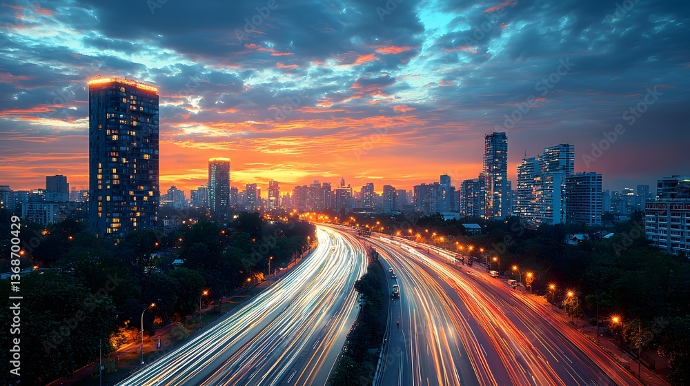 Fototapeta premium City highway sunset, vibrant sky, traffic streaks