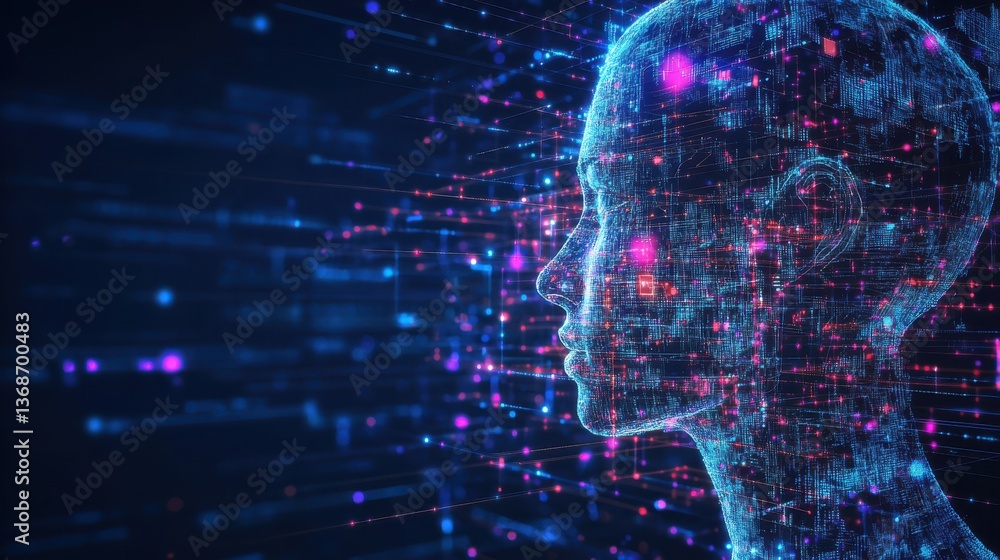 Obraz premium Futuristic AI Head Digital Human, Data Network, Technology Concept, Abstract 3D Render