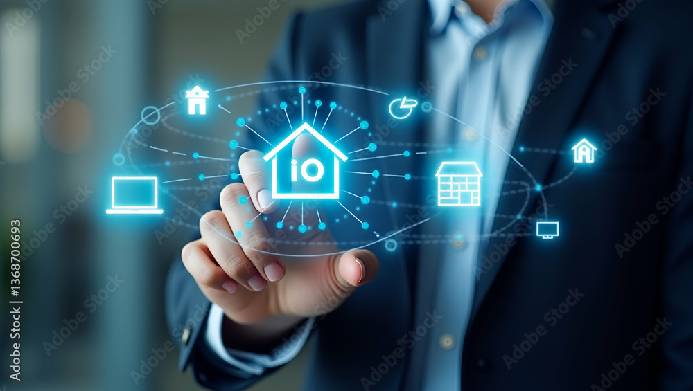 Fototapeta premium 3D Flat Icon: Person Engaging with Smart Home IoT Interface - Double Exposure