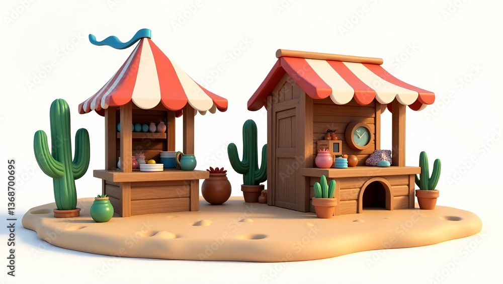 Obraz premium Explore 3D Fantastic Frontiers: A Unique Cultural Marketplace Where Every Stall Tells a Story, Fostering Respect and Understanding in a Playful, Iconic Setting