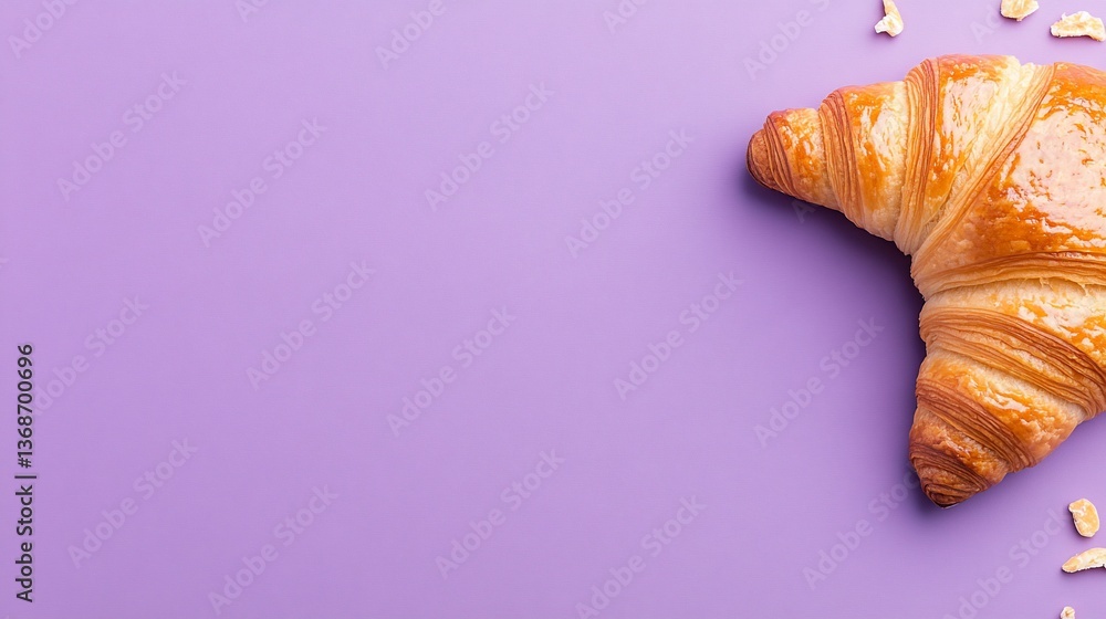 Obraz premium Golden croissant with flakes on purple background. Fresh, appetizing
