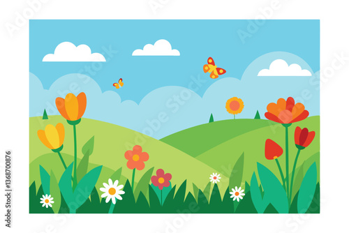 spring landscape with grass and flowers